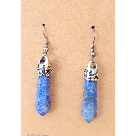 1-1/4" Genuine Lapis Obelisk Dangle Silver French Wire Earrings Fashion Jewelry - Picture 1 of 3